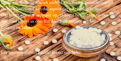 Door een homeopathisch middel worden wij geconfronteerd met- en herinnerd aan dat aspect dat niet heel is in ons. Dat levert een aha-moment op, er komt bewustzijn op een niet-heel aspect in ons. En daardoor kunnen we het loslaten en helen. Elk homeopathisch middel maakt ons heler